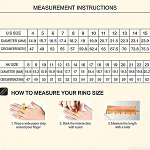 Op de afbeelding: Een tabel met instructies voor het meten van ringmaten. Het bevat Amerikaanse en HK-maten, diameters in millimeters en omtrekken. De afbeelding laat ook zien hoe je de ringmaat meet met een papieren strook, pen en liniaal.