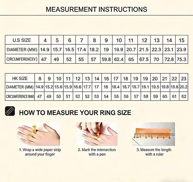 Op de afbeelding: Een tabel met instructies voor het meten van ringmaten. Het bevat Amerikaanse en HK-maten, diameters in millimeters en omtrekken. De afbeelding laat ook zien hoe je de ringmaat meet met een papieren strook, pen en liniaal.