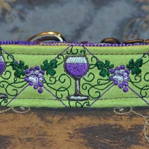 Designer Fabric Dog Collar Embroidery Collection &quot;Wine Lovers&quot; Design on Lime Ultra Suede