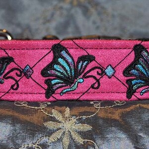Designer Fabric Dog Collar Embroidery Collection &quot;Soar Like a Butterfly&quot;  Design in Fuschia