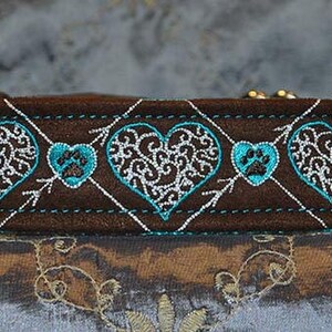Designer Fabric Dog Collar Embroidery Collection &quot;Hearts&quot; Design on Brown with Aqua