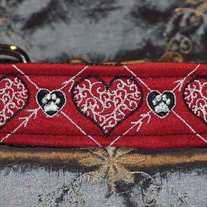 Designer Fabric Dog Collar Embroidery Collection &quot;Hearts&quot; Design on Red