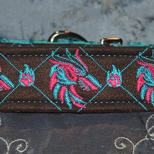 Designer Fabric Dog Collar Embroidery Collection &quot;Dragons&quot; Design on Brown Ultra Suede