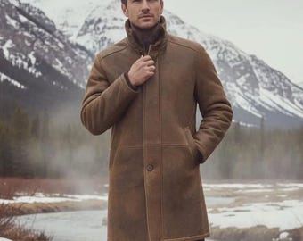 Men’s Sheepskin Leather Coat Vintage Brown Shearling Overcoat High Collar Winter Jacket