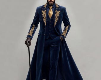 Men’s Royal Blue Velvet Suit Set – Embroidered Long Coat, Vest & Pants – Luxury Formal Attire