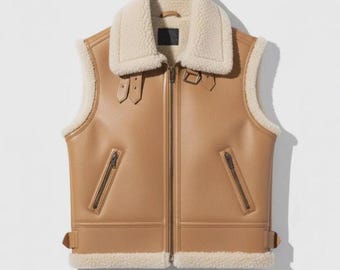 Men’s Brown B-3 Sheepskin Leather Aviator Gilet - Bomber Vest - Winter Shearling Waistcoat