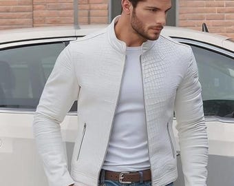 Men’s Luxury White Real Crocodile Embossed Leather Jacket Gift for Him