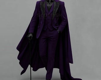 Purple Velvet Cape Suit for Men – Coat Vest Pants Set - Gothic Prom Tuxedo Outfit