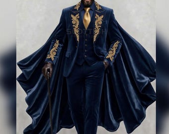 Men’s Royal Blue Velvet Cape Suit – Gold Embroidered Tuxedo Set – Victorian Gothic Wedding Outfit