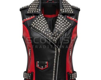 Handmade Red & Black Studded Leather Vest - Punk Biker Rock wear - Unisex Festival Gothic Vest