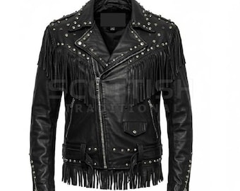 Men’s Black Studded Fringe Leather Jacket – Punk Rock Biker Style Gift for Him