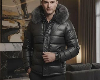 Luxury Men’s Genuine Leather Puffer Jacket with Fur Hood – Black Biker Bomber Winter Coat