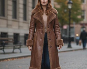 Women’s Brown Shearling Leather Trench Coat - Vintage 1970s Penny Lane Long Fur Winter Coat