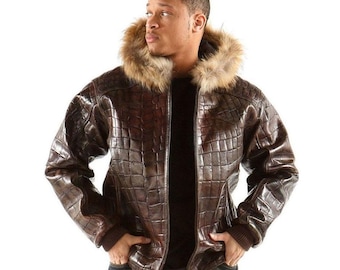 Men’s Crocodile Embossed Genuine Leather Bomber Biker Jacket with Fur Hood - Luxury Winter Coat