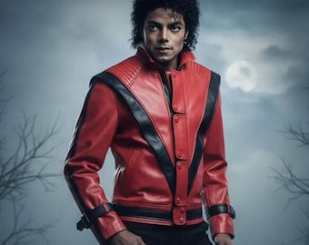 May include: A red leather jacket with black accents, featuring a high collar and shoulder detailing. The jacket has a button-up front and is worn with black pants. The background is a moody, overcast sky with bare tree branches.