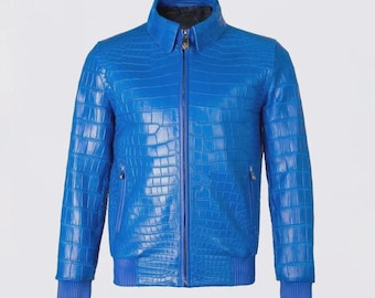 Men’s Blue Crocodile Embossed Real Luxury Leather Jacket Gift for Him