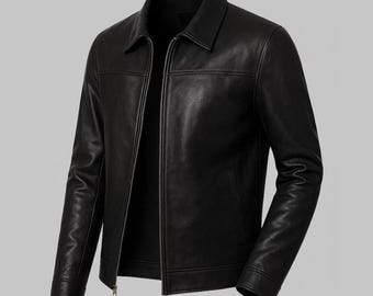 Handmade Men’s Black Harrington Lambskin Classic Shirt Collar Genuine Leather Jacket Gift for Him