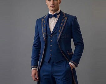 Men’s Royal Blue Gothic Vampire Coat – Victorian Embroidered Cotton Suit Set – Gift for Him