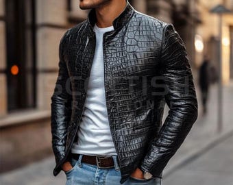 Jaqueta masculina de couro legítimo preto com estampa de crocodilo, ideal para presentear.