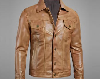 Men’s Genuine Lambskin Leather Trucker Jacket – Camel Brown Quilted Lining Gift for Him