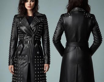 Handmade Black Leather Studded Long Coat for Women - Punk Biker Gothic Trench Jacket