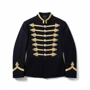 May include: A navy blue military-style jacket with gold trim and accents. The jacket features a high collar, decorative gold rope detailing, and silver-colored buttons. The sleeves also have gold trim. A classic, formal garment.