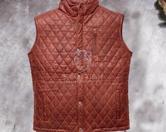 Men’s Quilted Lambskin Leather Puffer Vest - Genuine Leather Winter Waistcoat - Brown Sleeveless Jacket