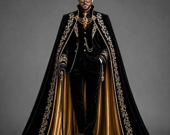 Black Velvet Victorian Tailcoat Suit with Cape – Gold Embroidered Gothic Tuxedo Outfit