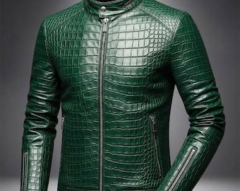 Men’s Real Green Crocodile Skin Leather Biker Jacket - Exotic Style Gift for Him
