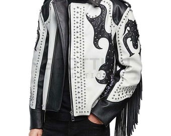 Men’s White & Black Punk Studded Leather Jacket - Brando Biker Motorcycle Jacket - Spiked Rock Style