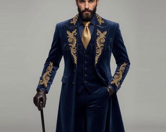 Royal Blue Gothic Velvet Long Coat Suit for Men – Embroidered Blazer, Vest & Pants Set