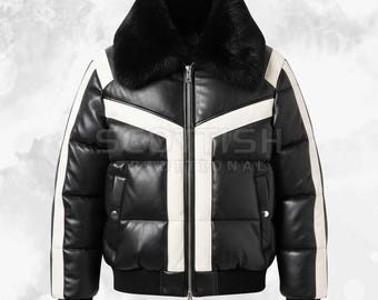 Men’s Two-Tone Leather Puffer Jacket with Removable Hood - Real Lambskin Bubble Bomber Winter Coat