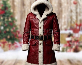 Weihnachtsmann Roter Echtleder Mantel mit Kapuze - Weihnachtspelz Gürteljacke