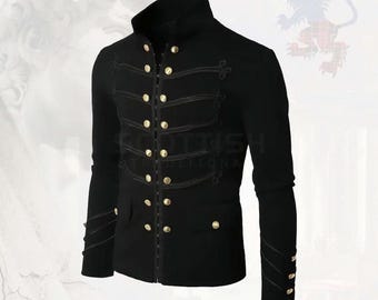 May include: Black military-style jacket with gold-colored buttons and decorative trim. The jacket features a high collar and long sleeves. The design includes multiple rows of buttons and decorative accents, creating a formal and stylish appearance.