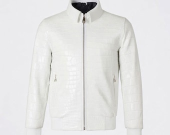 Men’s White Luxury Genuine Crocodile Embossed Leather Bomber Jacket Gift for Him