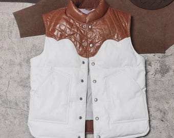 Handmade Genuine Lambskin Quilted Leather Vest for Men - Brown & White Sleeveless Jacket