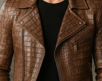 Chaqueta de piel de cocodrilo marrón para hombre - Abrigo estilo motociclista, regalo para él