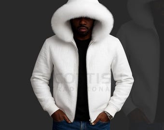 May include: White zip-up hooded jacket with a fur-lined hood. The jacket has a quilted pattern and is paired with blue jeans. The person is wearing a black shirt underneath. The text "SCOTTISH INTERNATIONAL" is visible on the jacket.