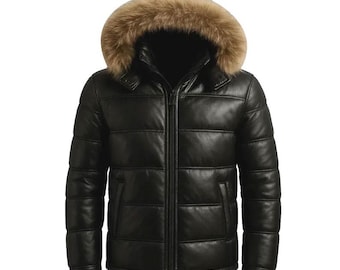Men’s Genuine Leather Puffer Jacket with Fur Hood – Black Bomber Winter Coat