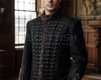 Black Wool Hussar Jacket: Custom Napoleonic Military Style with Faux Fur Trim