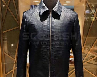 Men’s Genuine Crocodile Leather Jacket - Handmade Alligator Embossed Biker Jacket Gift for Him