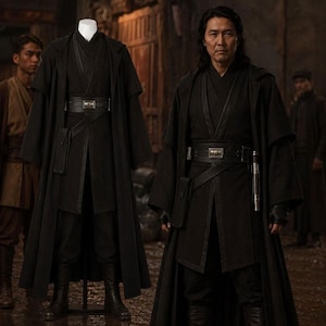 Peut inclure: Une robe noire à manches longues avec une large ceinture assortie dotée d'une boucle métallique, une tunique superposée et un pantalon sombre. La tenue comprend une longue cape extérieure à manches larges, une petite pochette et des bottes.