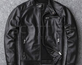 Handgemaakte zwarte leren herenjas slim fit - echt lamsleren bikerjack Cadeau voor hem