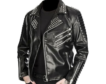 メンズ ブラックレザー シルバースタッズ バイカージャケット パン