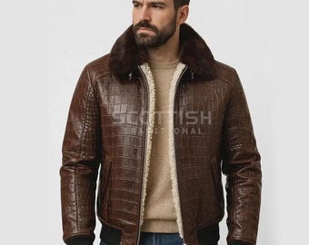 Chaqueta de piel de oveja con efecto cocodrilo marrón de lujo para hombre - Abrigo de invierno de piel auténtica