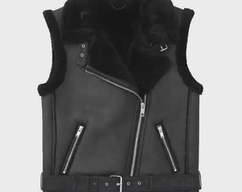 Men’s Black Shearling Leather Vest - Genuine Sheep Leather Fur Collar Winter Waistcoat
