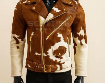Handgefertigte Bikerjacke aus Rindsleder - Western Kuh Print Hair-On-Hide-Mantel - Echtes Rindsleder