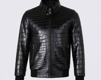 Men’s Black Luxury Genuine Crocodile Embossed Leather Bomber Jacket Gift for Him