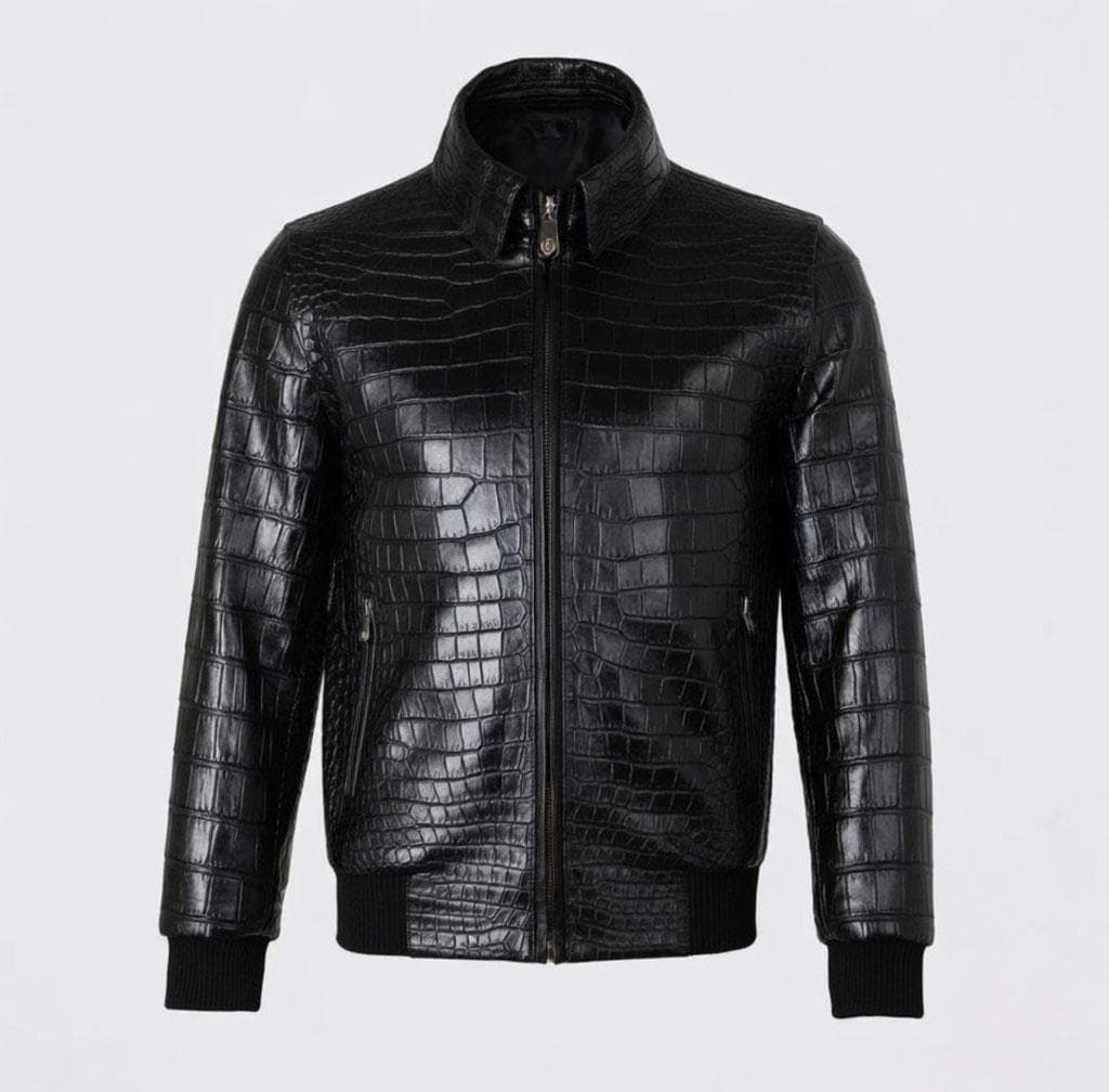 Men's Black Luxury Genuine Crocodile Embossed Leather Bomber Jacket Gift for Him
