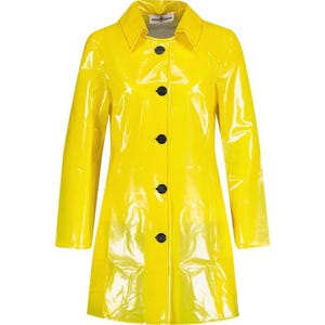 May include: A bright yellow raincoat with a glossy finish. The coat features a classic collar, long sleeves, and a button-down front with four black buttons. The garment is designed for wet weather protection.